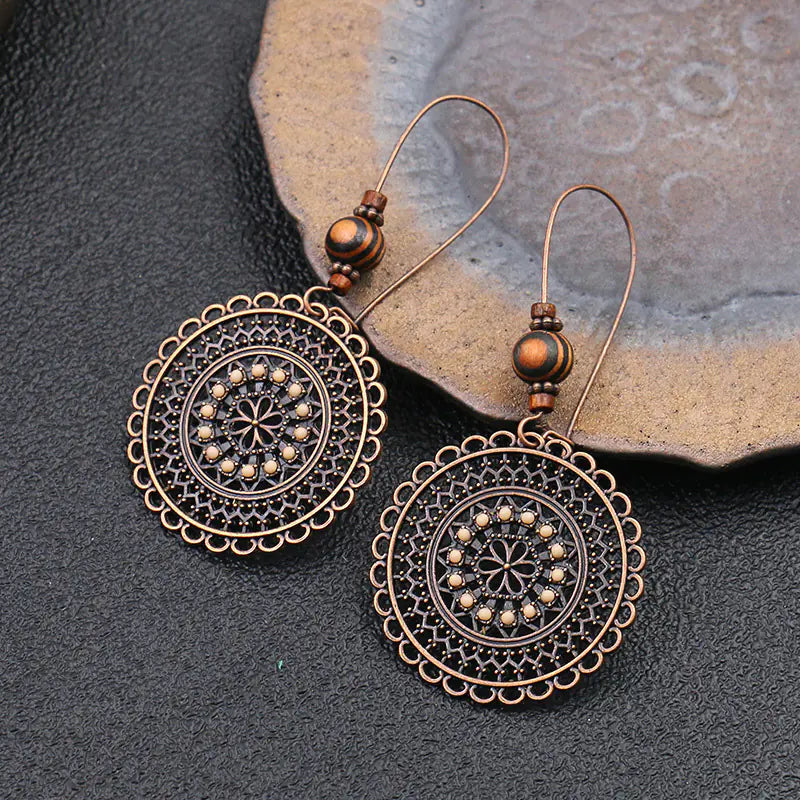 Vintage Floral Rhinestone Wooden Bead Earrings