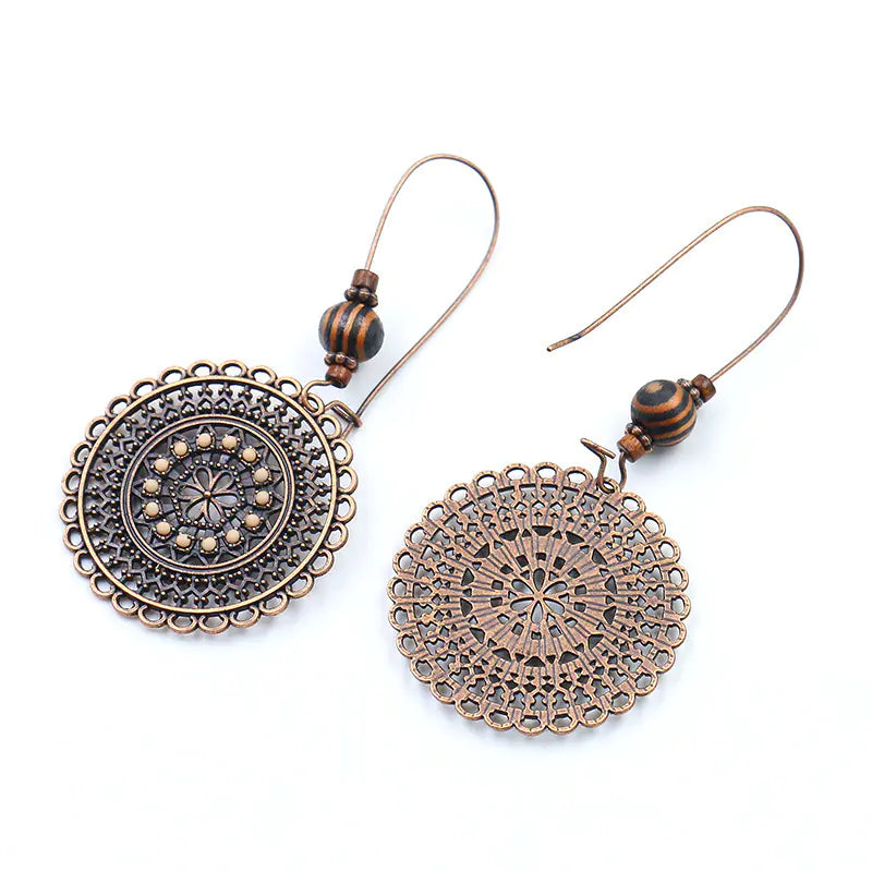 Vintage Floral Rhinestone Wooden Bead Earrings