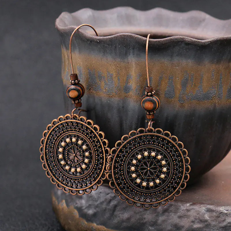 Vintage Floral Rhinestone Wooden Bead Earrings