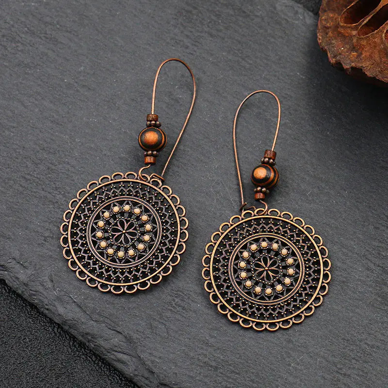 Vintage Floral Rhinestone Wooden Bead Earrings