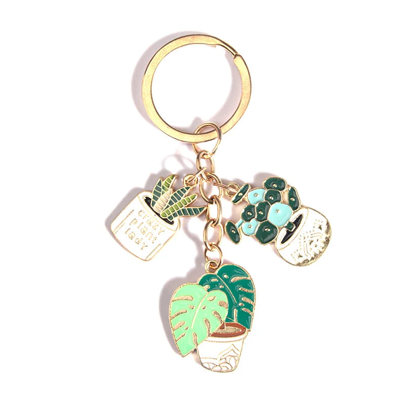 Cute Cactus Pot Plant Enamel Keychain Green Plants Key Chains For