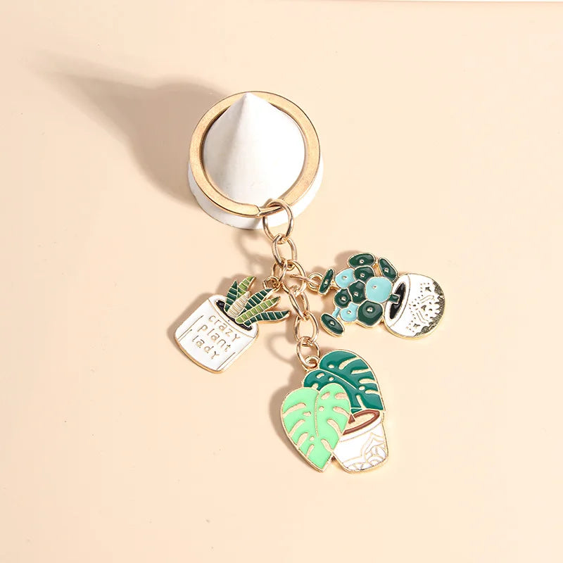 Cute Cactus Pot Plant Enamel Keychain Green Plants Key Chains For