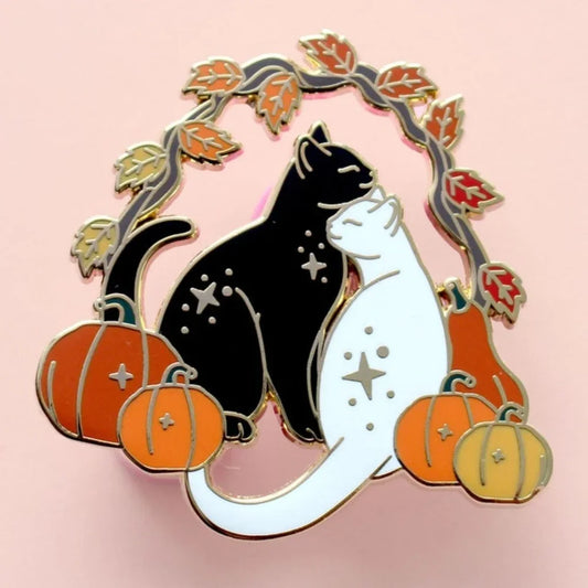 Pumpkin Cats Enamel Pin Black and White Autumn Fall Brooch Animal