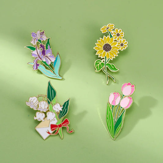 Creative cartoon plants flowers metal enamel badge pin garden style