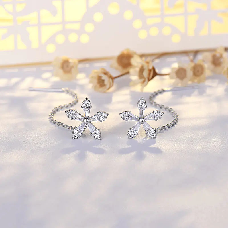 S925 Silver Flower Earrings with Zirconia Crystals